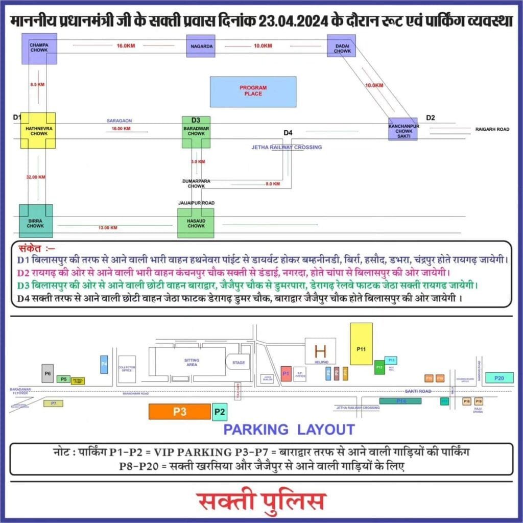 प्रधानमंत्री नरेंद्र मोदी के 23 अप्रैल को सक्ती प्रवास पर सक्ती पुलिस द्वारा गाड़ियों की पार्किंग और रूट डाइवर्ट की की गई व्यवस्था प्रधानमंत्री नरेंद्र मोदी के 23 अप्रैल को सक्ती प्रवास पर सक्ती पुलिस द्वारा गाड़ियों की पार्किंग और रूट डाइवर्ट की की गई व्यवस्था kshititech